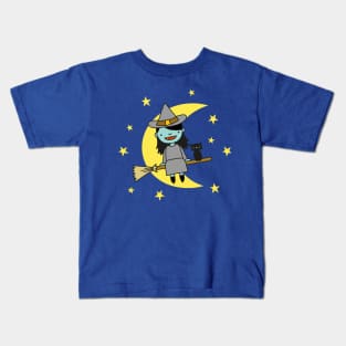 Witch on a broomstick with black cat Kids T-Shirt